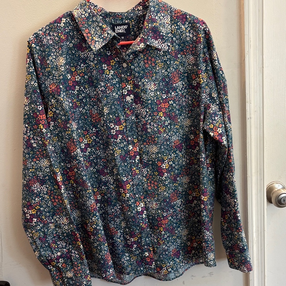 Lands' End Men's Navy Floral Button-Down Shirt